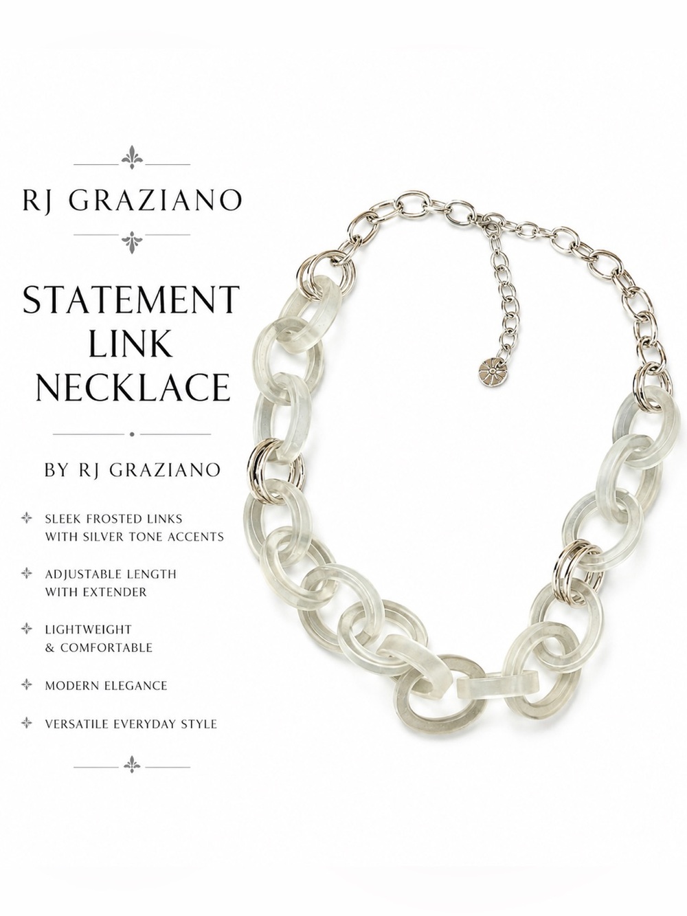 RJ Graziano Frosted Lucite Link Necklace Silver Tone Statement Necklace
